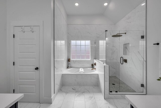 full bathroom featuring recessed lighting, vanity, marble finish floor, a marble finish shower, and a bath