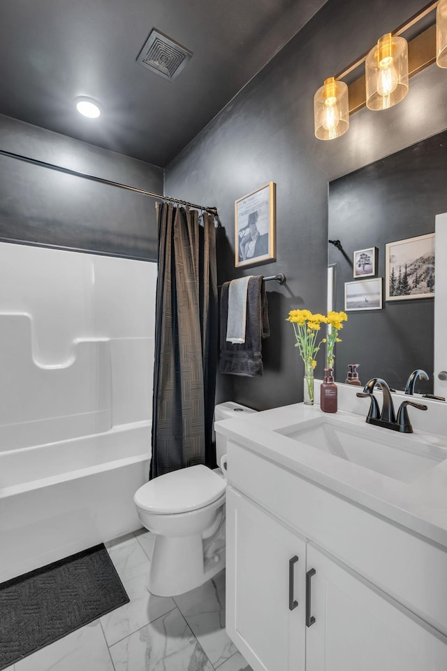 bathroom featuring visible vents, toilet, shower / tub combo with curtain, marble finish floor, and vanity