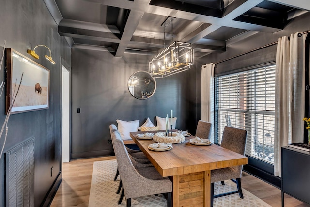 dining area with baseboards, visible vents, coffered ceiling, light wood-style flooring, and beamed ceiling