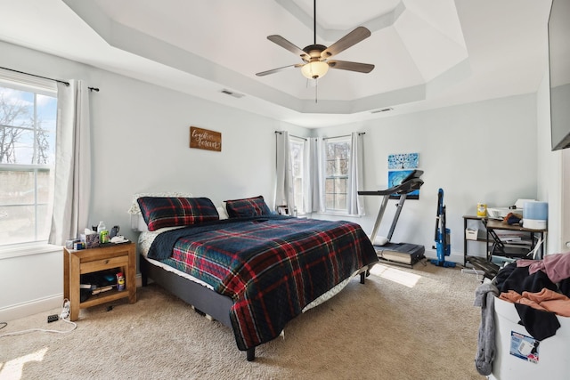 bedroom with carpet floors, baseboards, visible vents, and a raised ceiling