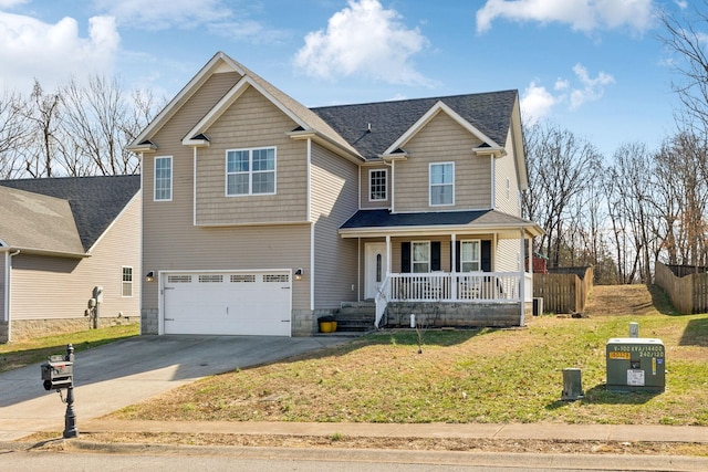 craftsman inspired home featuring a porch, an attached garage, driveway, roof with shingles, and a front yard