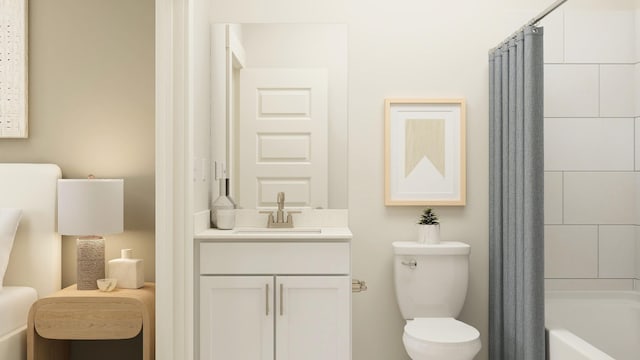 bathroom featuring shower / tub combo, vanity, and toilet