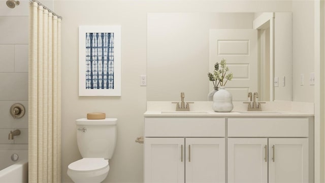 bathroom featuring shower / tub combo with curtain, a sink, toilet, and double vanity