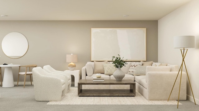 living area featuring carpet flooring and baseboards