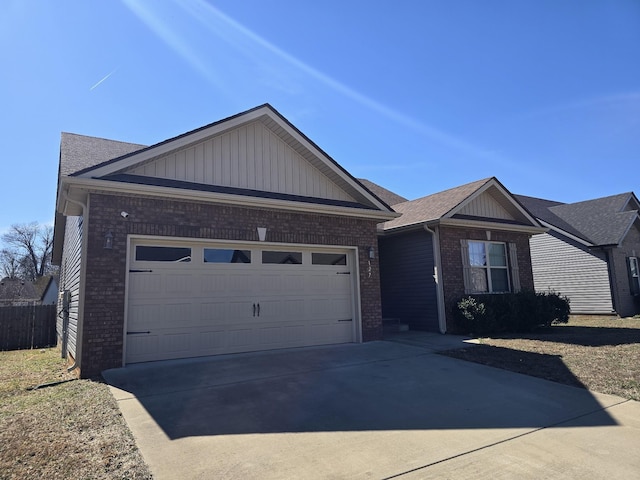 single story home featuring an attached garage, board and batten siding, concrete driveway, and brick siding