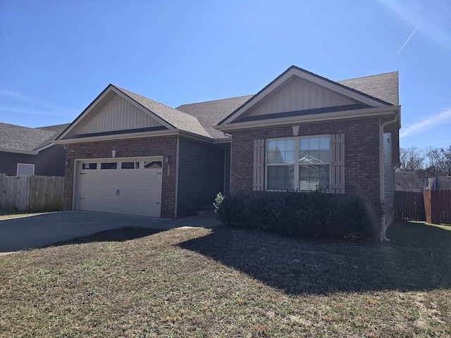 single story home with driveway, brick siding, an attached garage, and fence