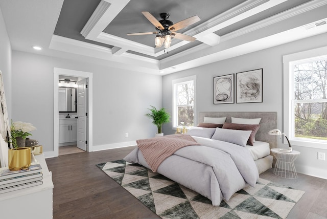 bedroom featuring multiple windows, visible vents, and crown molding