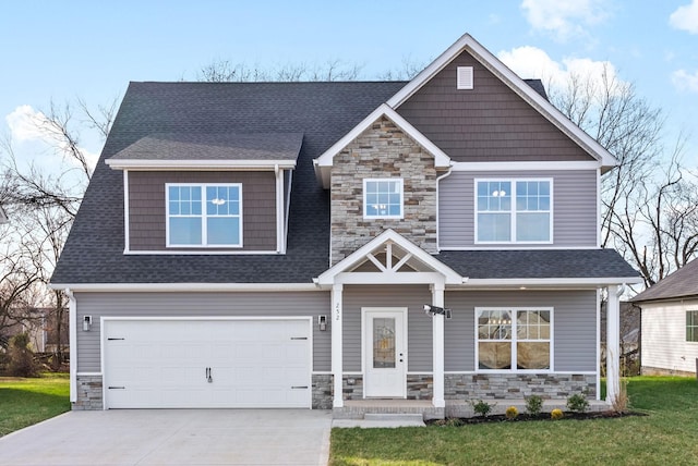 craftsman-style home with stone siding, roof with shingles, and driveway