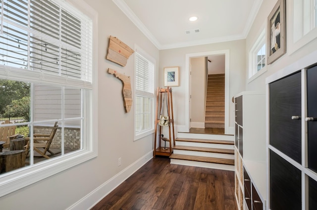 corridor with visible vents, baseboards, dark wood-style floors, ornamental molding, and stairs