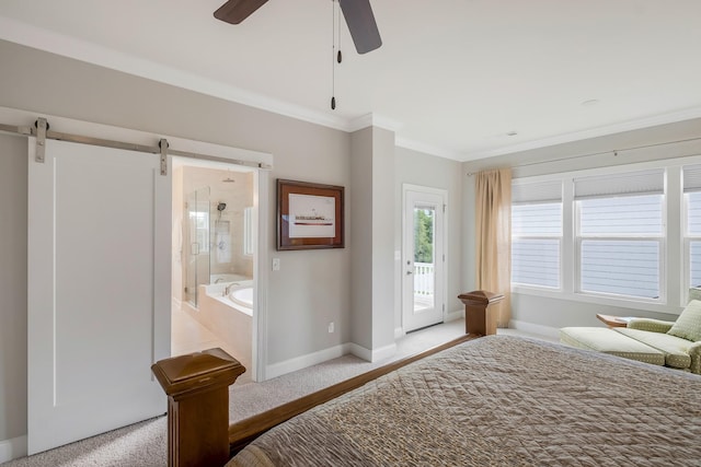 bedroom featuring crown molding, ensuite bathroom, light carpet, access to outside, and baseboards