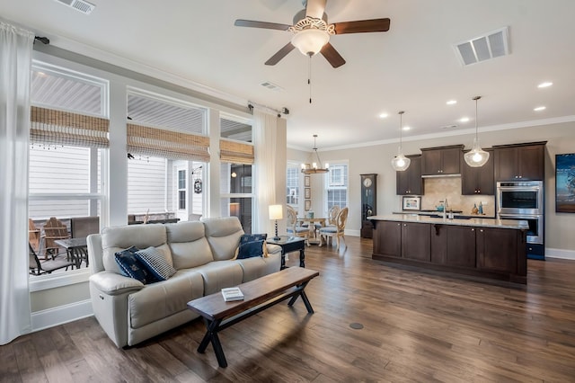 living area featuring dark wood-style floors, plenty of natural light, visible vents, and ornamental molding