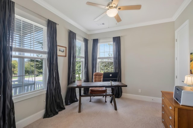 carpeted office featuring baseboards, visible vents, and crown molding