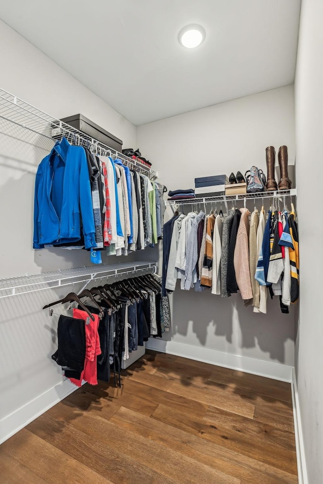 walk in closet with wood finished floors