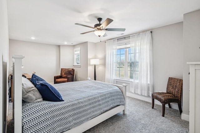 bedroom with carpet, visible vents, ceiling fan, and recessed lighting