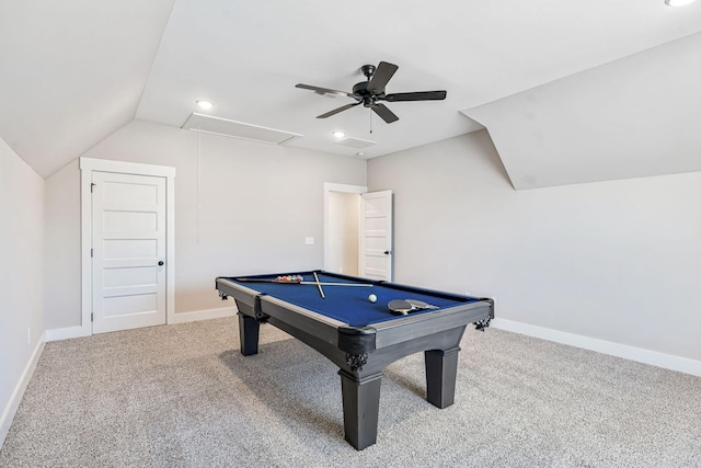 game room with lofted ceiling, carpet floors, attic access, and baseboards