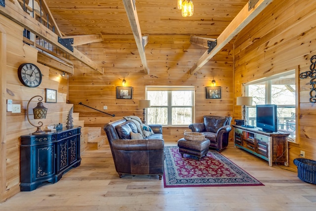 living room with vaulted ceiling with beams, wooden ceiling, wood-type flooring, and wooden walls