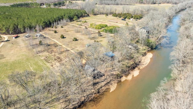 aerial view featuring a water view and a rural view