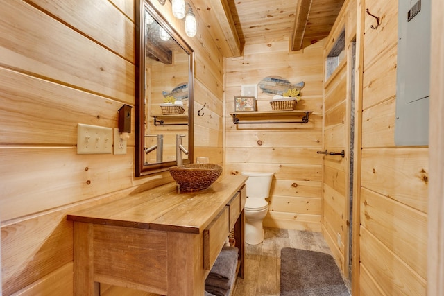 bathroom featuring toilet, wooden ceiling, wood finished floors, vanity, and wood walls