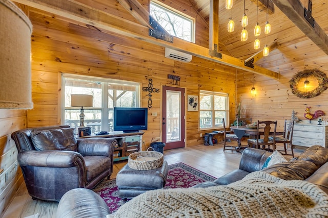 living area featuring wooden walls, wooden ceiling, wood finished floors, an AC wall unit, and high vaulted ceiling