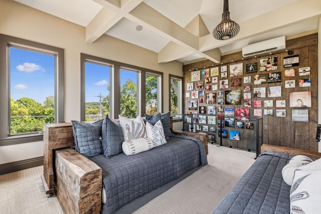 interior space with a wall mounted air conditioner, beam ceiling, and baseboards