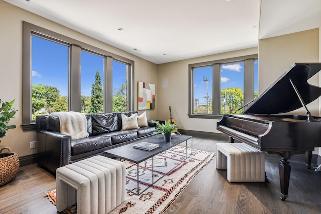 living room featuring plenty of natural light, baseboards, and wood finished floors