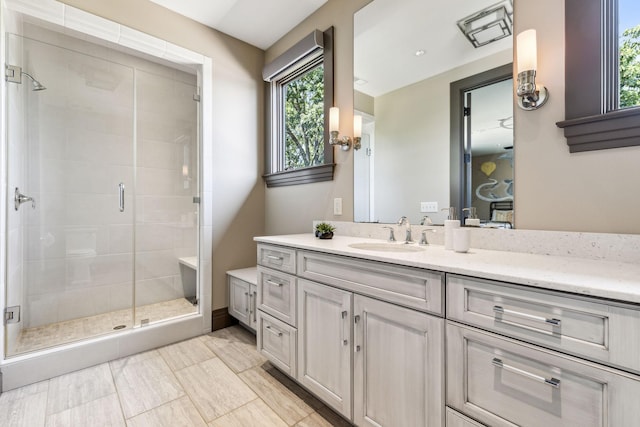 bathroom featuring a shower stall and vanity