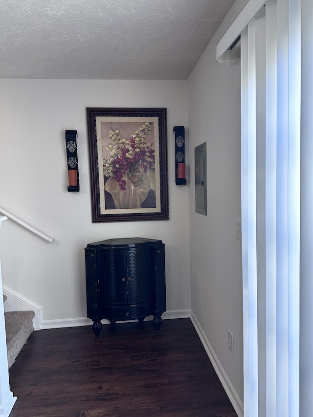 interior space featuring a textured ceiling, wood finished floors, electric panel, and baseboards