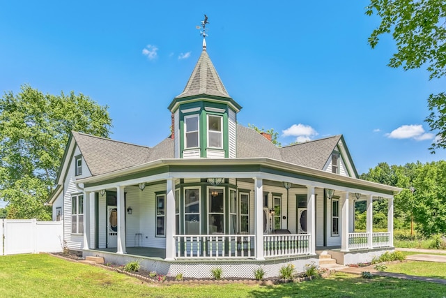 exterior space with covered porch, fence, a front lawn, and roof with shingles