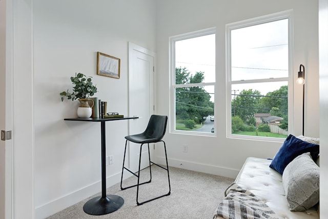 sitting room featuring carpet and baseboards