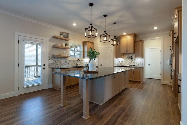 kitchen featuring dark wood-style floors, crown molding, open shelves, backsplash, and a kitchen island