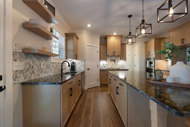 kitchen with tasteful backsplash, dark stone counters, dark wood-type flooring, open shelves, and a sink