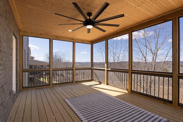 unfurnished sunroom featuring ceiling fan and wooden ceiling