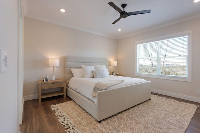 bedroom with recessed lighting, light wood-type flooring, a ceiling fan, and baseboards