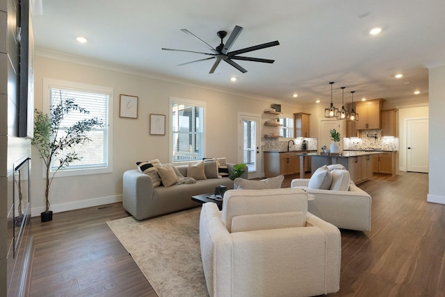 living area with baseboards, ornamental molding, dark wood finished floors, and recessed lighting