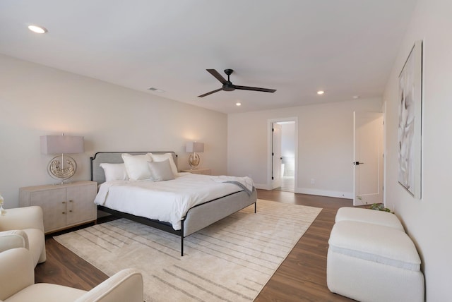 bedroom featuring recessed lighting, ceiling fan, baseboards, and wood finished floors