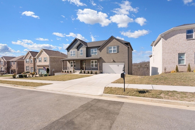 view of front of property featuring driveway, an attached garage, a residential view, and a front lawn