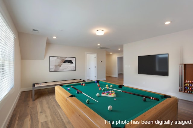 recreation room with pool table, baseboards, wood finished floors, and recessed lighting