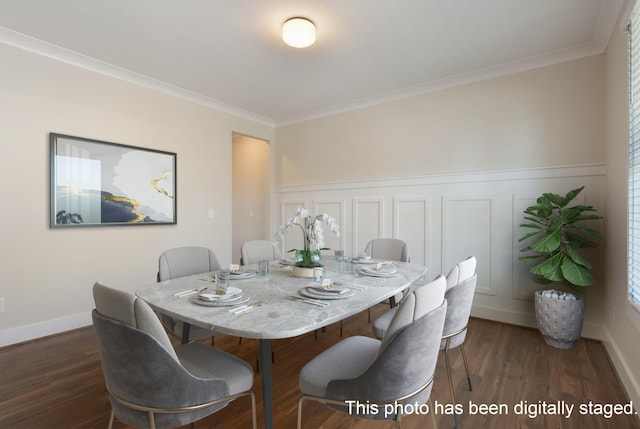 dining area featuring ornamental molding, baseboards, and dark wood-style floors