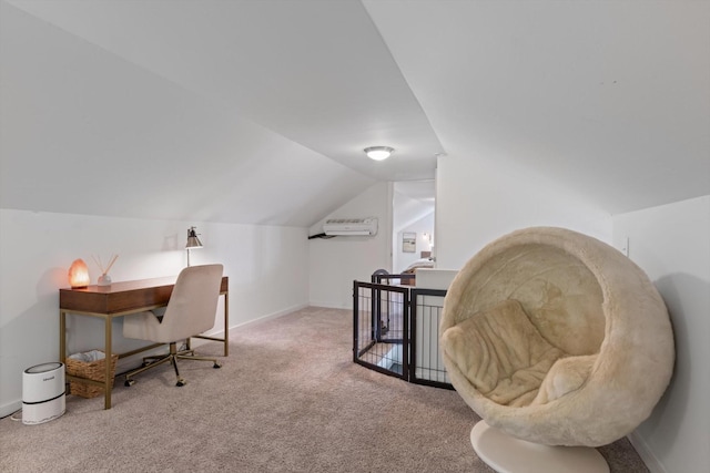 office with a wall unit AC, carpet, baseboards, and lofted ceiling