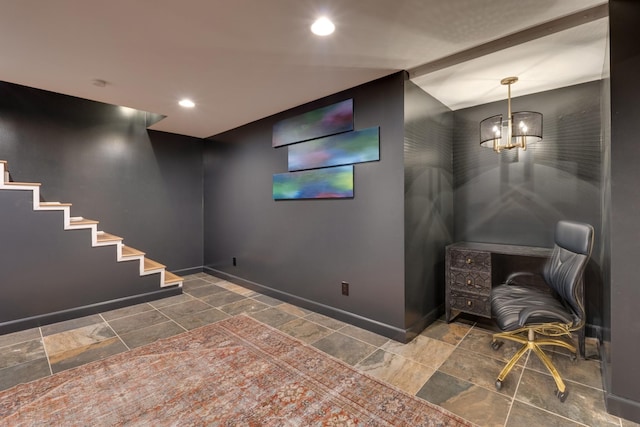 interior space featuring baseboards, recessed lighting, stairs, and stone tile floors