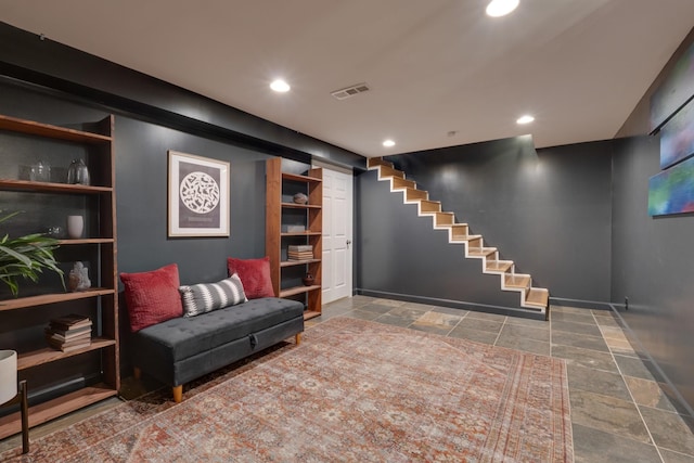 sitting room featuring recessed lighting, visible vents, stairway, and baseboards