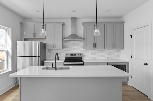 kitchen featuring gray cabinetry, a sink, appliances with stainless steel finishes, wall chimney exhaust hood, and plenty of natural light