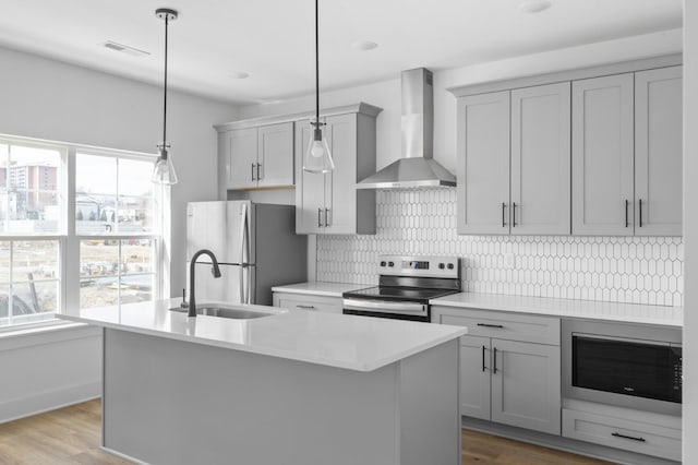 kitchen featuring tasteful backsplash, appliances with stainless steel finishes, gray cabinetry, wall chimney range hood, and a sink