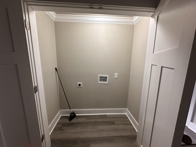 laundry area featuring hookup for a washing machine, laundry area, electric dryer hookup, ornamental molding, and dark wood-type flooring