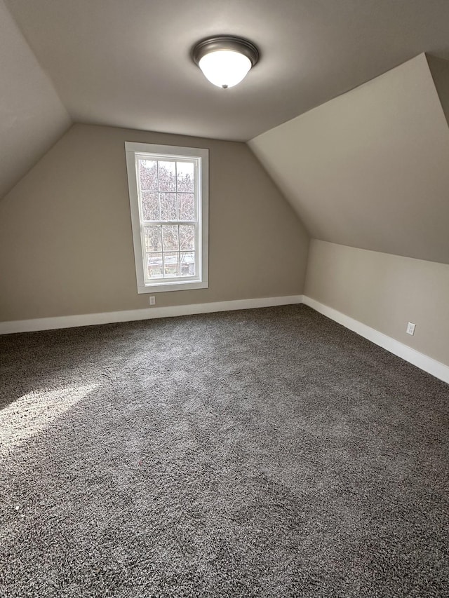 bonus room with baseboards, lofted ceiling, and carpet flooring