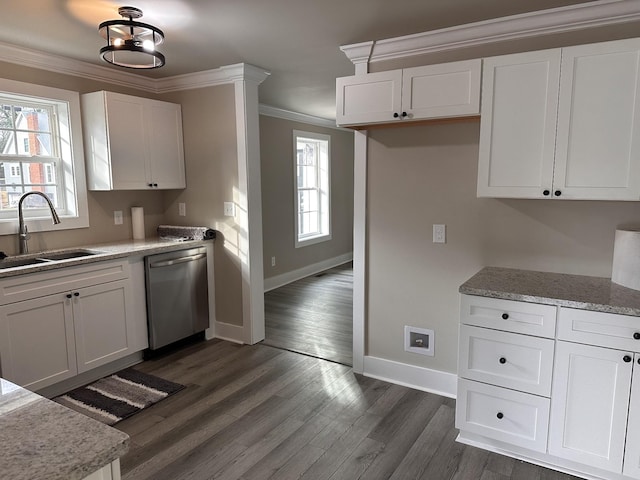 kitchen with a sink, ornamental molding, white cabinets, and stainless steel dishwasher