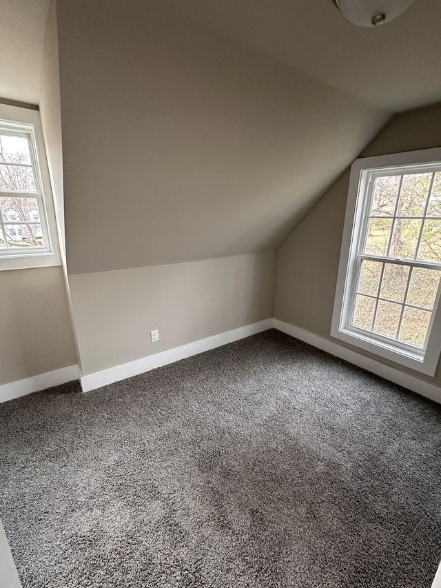 bonus room with carpet floors, plenty of natural light, and vaulted ceiling