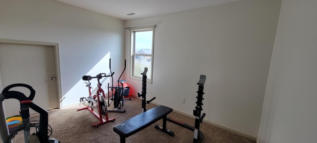 exercise room featuring carpet, visible vents, and baseboards