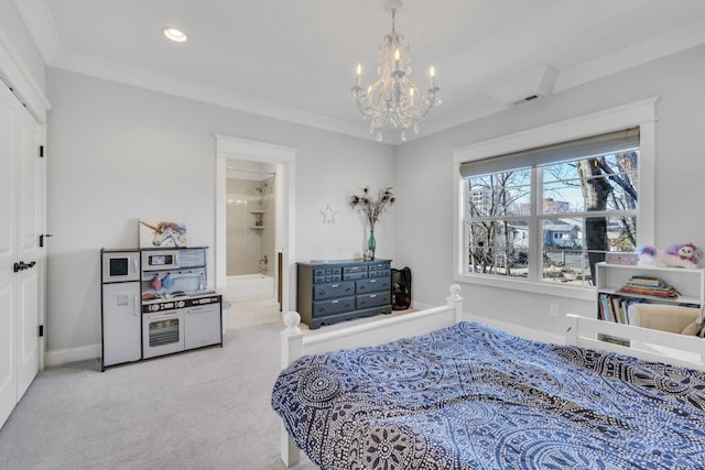 bedroom with carpet floors, connected bathroom, a notable chandelier, and crown molding