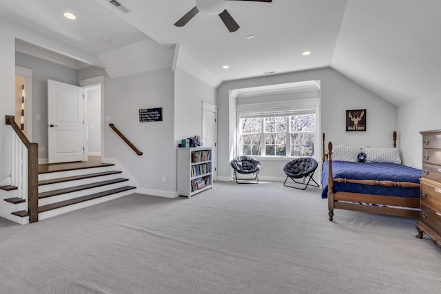 bedroom with visible vents, vaulted ceiling, carpet flooring, and recessed lighting